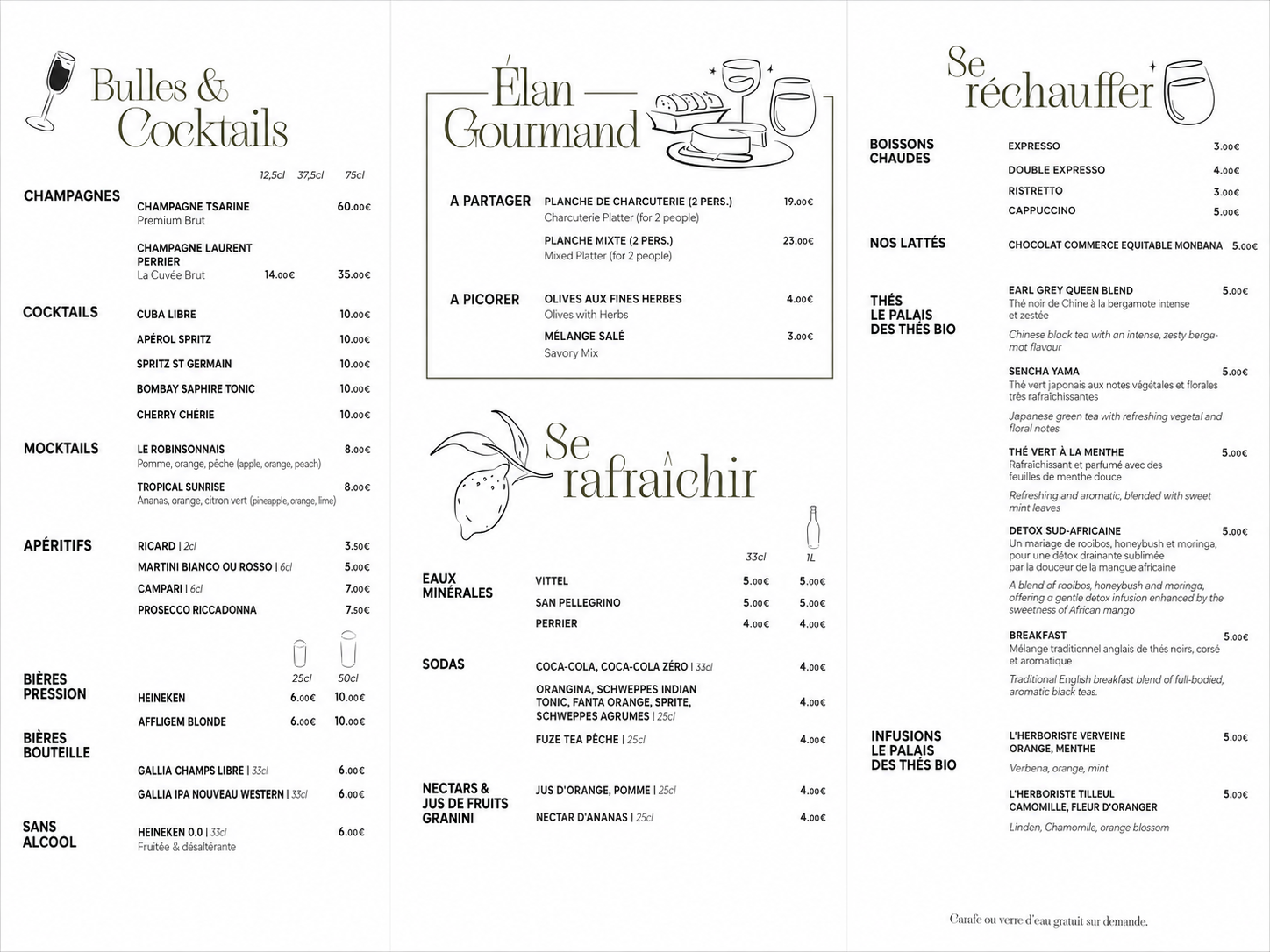 Carte cocktails et boissons du Mercure Le Plessis-Robinson