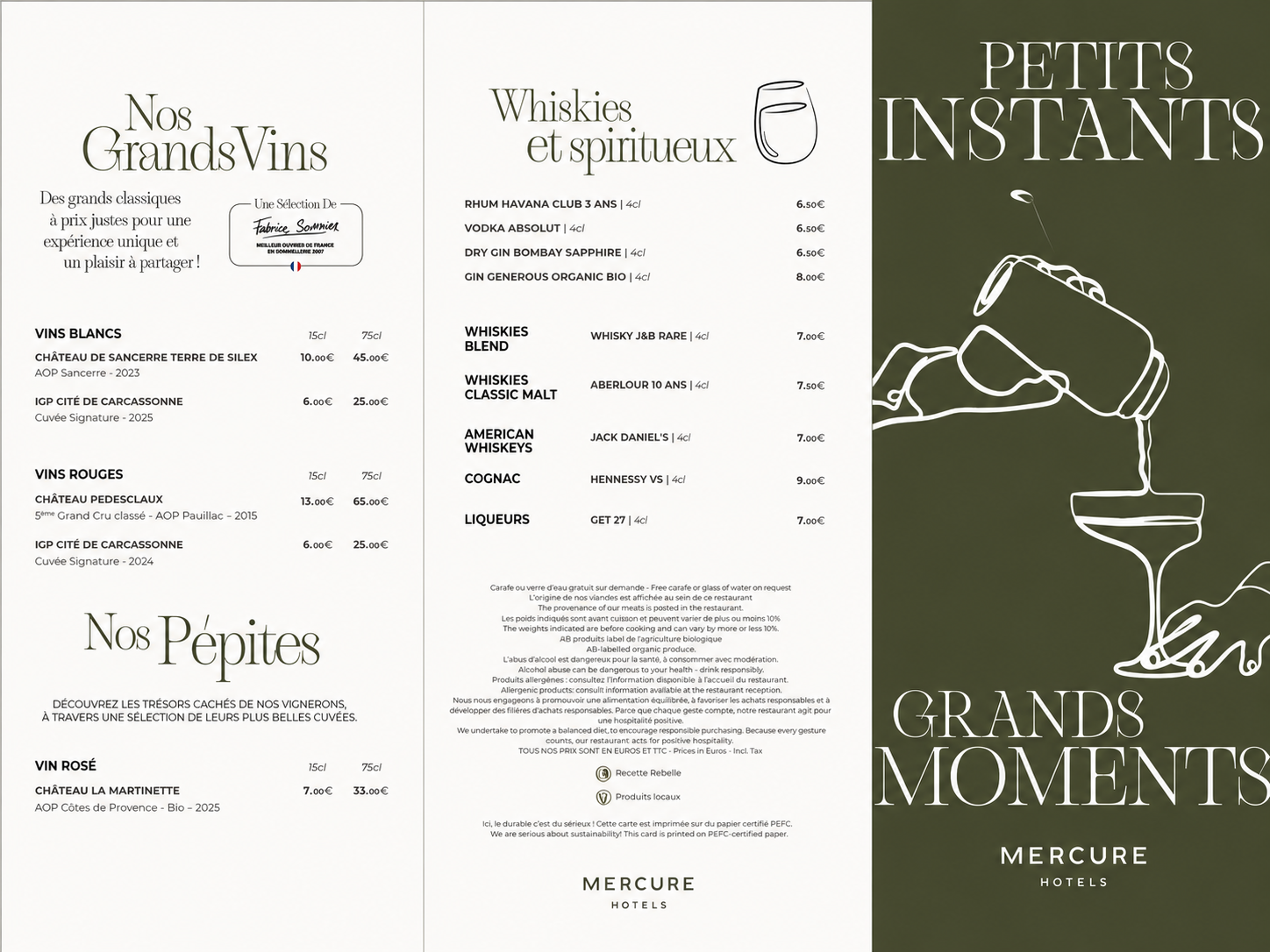 Carte des vins et spiritueux du Mercure Le Plessis-Robinson